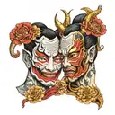 hannya mask and gemini sisters facing each other tattoo design idea