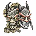 hannya mask and gemini faces  facing each other tattoo design idea