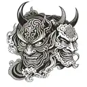 hannya mask and gemini faces  facing each other tattoo design idea