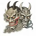 hannya mask and gemini faces  facing each other tattoo design idea
