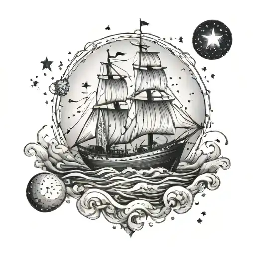 stars, sea and boat sailing tattoo design idea