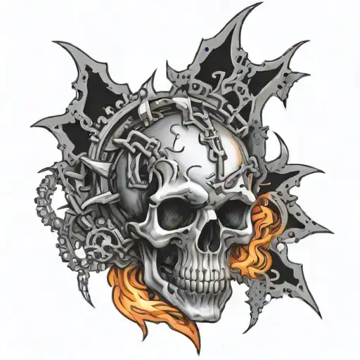A skull engulfed in flames, surrounded by metal gears and chains, representing the fusion of horror and metal tattoo design idea
