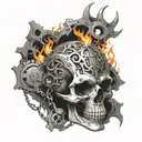 A skull engulfed in flames, surrounded by metal gears and chains, representing the fusion of horror and metal tattoo design idea