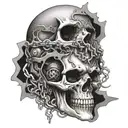 A skull engulfed in flames, surrounded by metal gears and chains, representing the fusion of horror and metal tattoo design idea