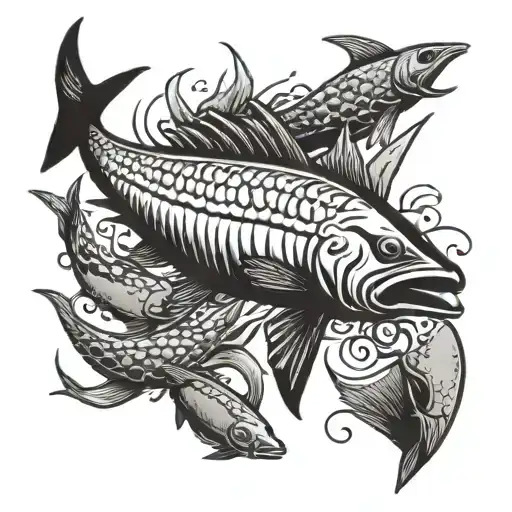 A stylized silhouette of a tarpon swimming through a school of smaller fish tattoo design idea