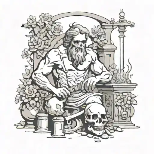 Greek god Hephaestus working in a forge love hate flowers skull tattoo design idea