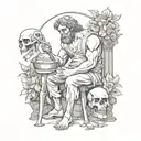 Greek god Hephaestus working in a forge love hate flowers skull tattoo design idea