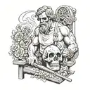Greek god Hephaestus working in a forge love hate flowers skull tattoo design idea