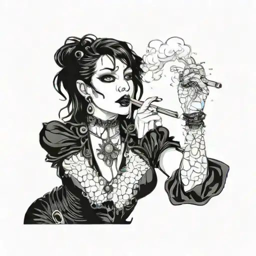 Sexy Goth straight black hair smoking a cigarette big breast lots of cleavage, skintight black dress combat boots  tattoo design idea