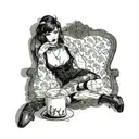 Sexy Goth straight black hair smoking a cigarette big breast lots of cleavage, skintight black dress combat boots  tattoo design idea