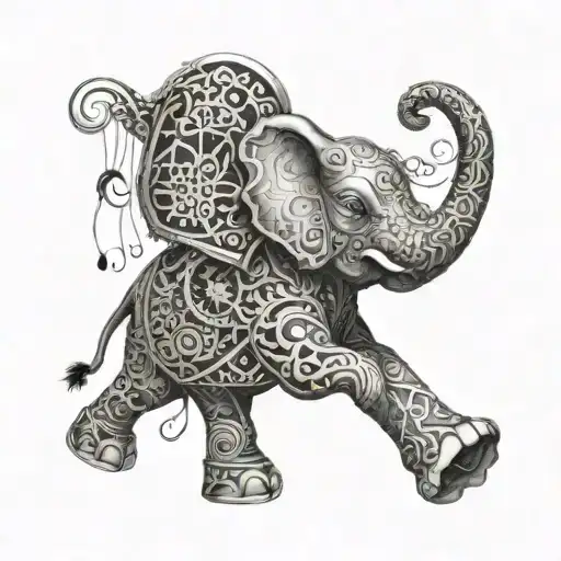 A surreal tattoo of a dancing elephant with intricate patterns inspired by music and cooking tools tattoo design idea
