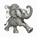A surreal tattoo of a dancing elephant with intricate patterns inspired by music and cooking tools tattoo design idea