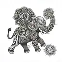 A surreal tattoo of a dancing elephant with intricate patterns inspired by music and cooking tools tattoo design idea
