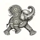 A surreal tattoo of a dancing elephant with intricate patterns inspired by music and cooking tools tattoo design idea