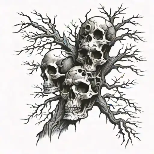 Dry tree with embedded skulls tattoo design idea