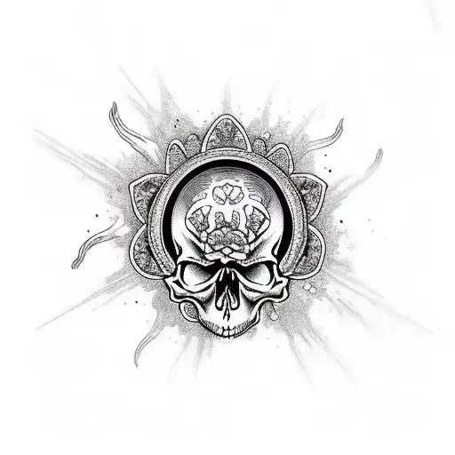 skull with mushrooms and flowers  tattoo design idea