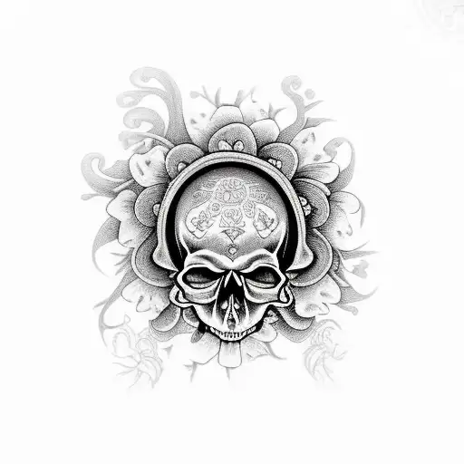skull with mushrooms and flowers  tattoo design idea