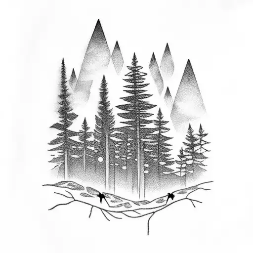 A blackwork tattoo of a forest at night with glowing fireflies tattoo design idea