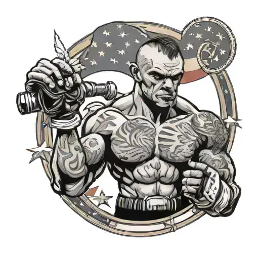 Male boxer griffin smoking pipe and tattooed hands in front of american flag with feminism symbol tattoo design idea