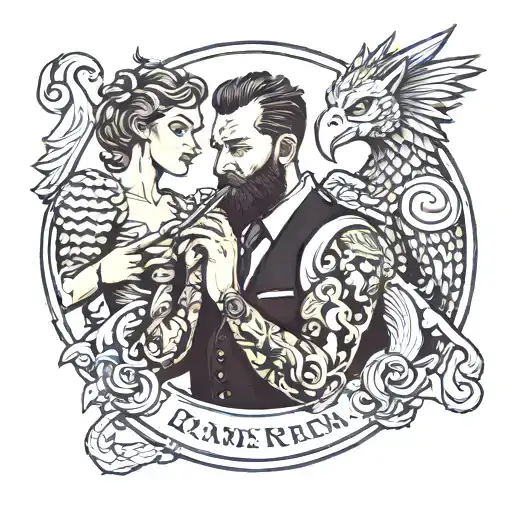 Fist female griffin man smoking a pipe and tattooed hands bowing to a beautiful and powerful attractive woman and a boss tattoo design idea