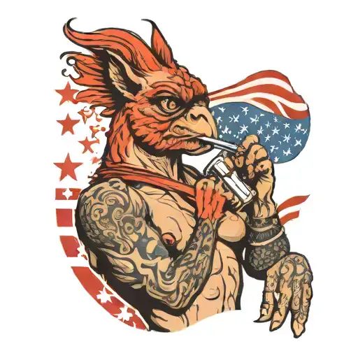 Male  griffin  boxer griffin smoking pipe and tattooed hands in front of american flag with feminism symbol tattoo design idea