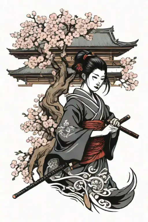 Girl samurai and cherry blossom tree tattoo design idea