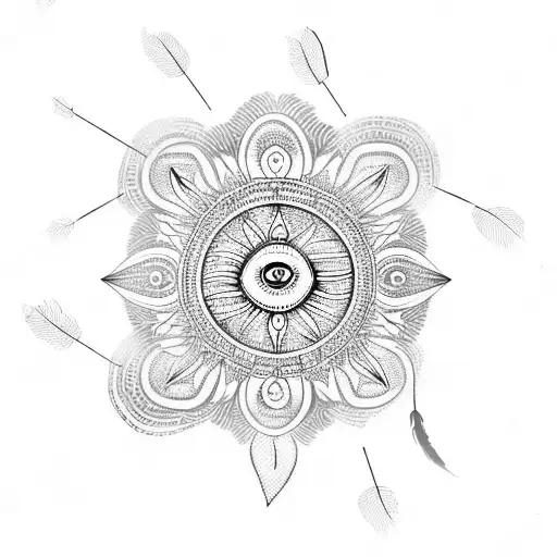 bohemian lace sun dream catcher with feathers dangling from it tattoo design idea