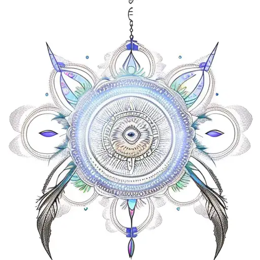 bohemian lace sun dream catcher with feathers dangling from it tattoo design idea