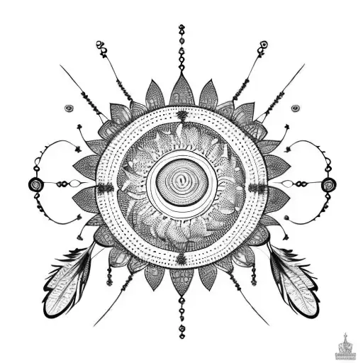bohemian lace sun dream catcher with feathers dangling from it tattoo design idea