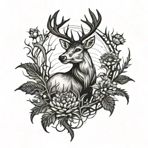 Stag surrounded by twisted thistles tattoo design idea
