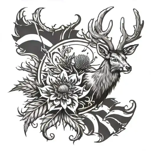 thistle and stag with scottish flag intertwined tattoo design idea