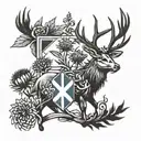 thistle and stag with scottish flag intertwined tattoo design idea