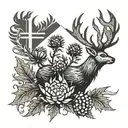 thistle and stag with scottish flag intertwined tattoo design idea