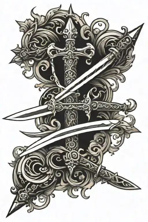 Two swords side by side pointing in opposite directions. One sword is hungarian and the other is french. tattoo design idea