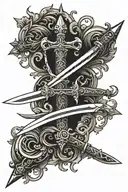 Two swords side by side pointing in opposite directions. One sword is hungarian and the other is french. tattoo design idea