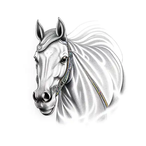 A horse and a car in a futuristic sci-fi setting, with neon lights and advanced technology tattoo design idea