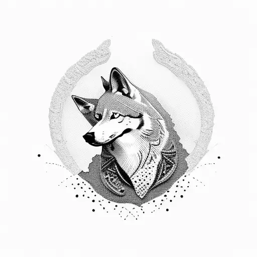 A soldier's silhouette filled with intricate dotwork patterns featuring a wolf and a raven tattoo design idea
