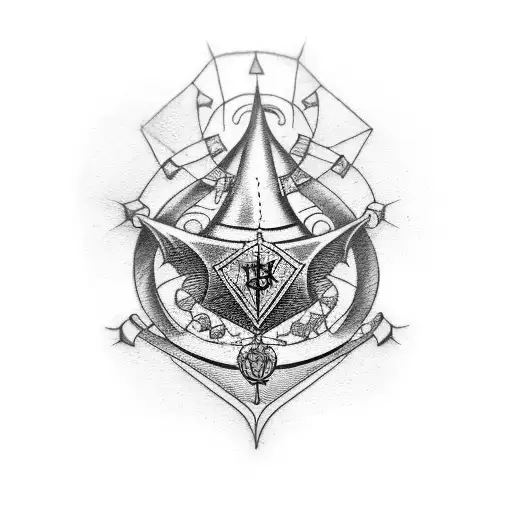 Illustrative tattoo of a mechanical sorting hat with Harry Potter house emblems tattoo design idea