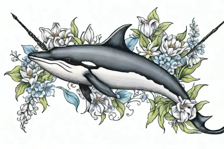tulips, lilies, and a narwhal  tattoo design idea
