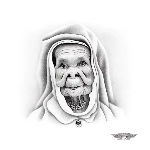 grandmother with a basket in which pig's legs tattoo design idea