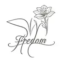 A simple outline of a blooming flower with the word 'Freedom' written in elegant script underneath tattoo design idea