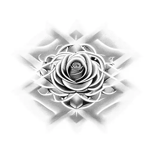 An abstract blackwork design of the crown of thorns morphing into a blooming rose, representing the transformation and renewal found in spirituality tattoo design idea