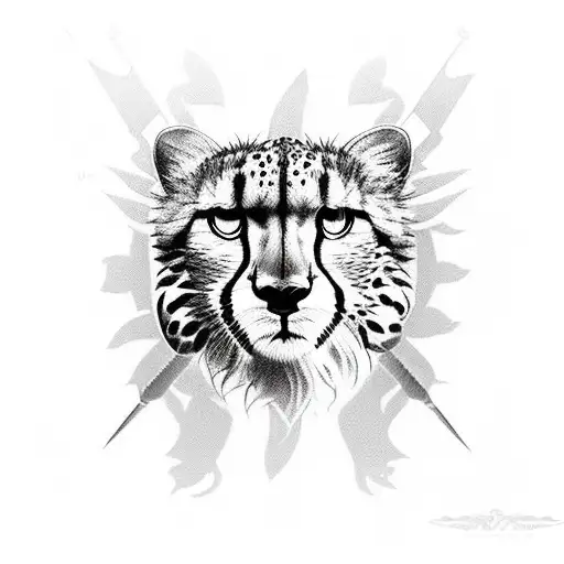 CHEETAH IMPOSING  WITH SWORD AND SHIELD tattoo design idea