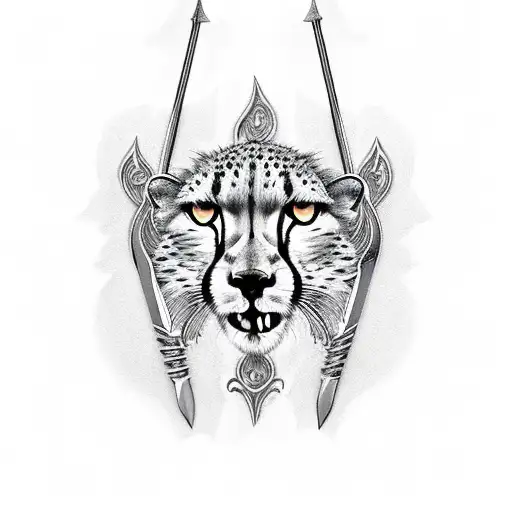 CHEETAH IMPOSING  WITH SWORD AND SHIELD tattoo design idea