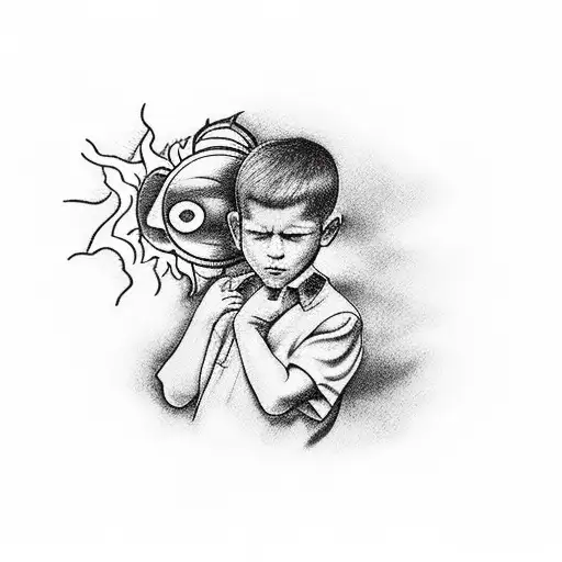 boy looking to sunset. the sun is a clock melting, can see the clouds around tattoo design idea