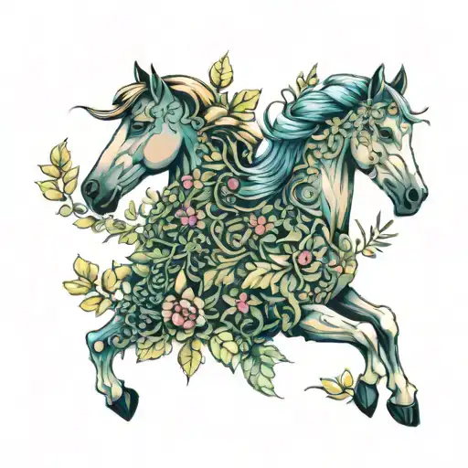 pastel horses covered in plants tattoo design idea
