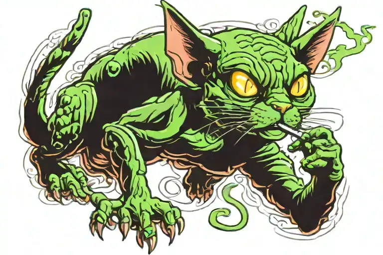 a green alien cat smoking weed tattoo design idea