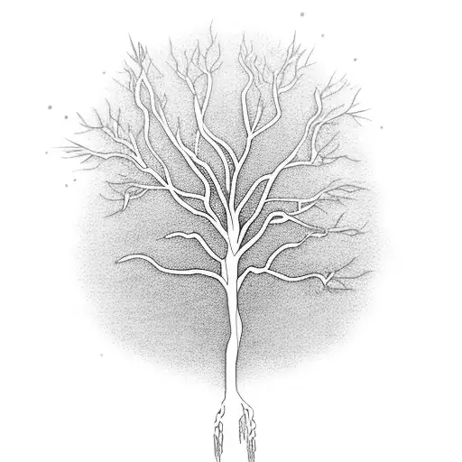 A delicate blackwork design of a weeping willow tree with falling leaves, symbolizing remembrance and grief tattoo design idea