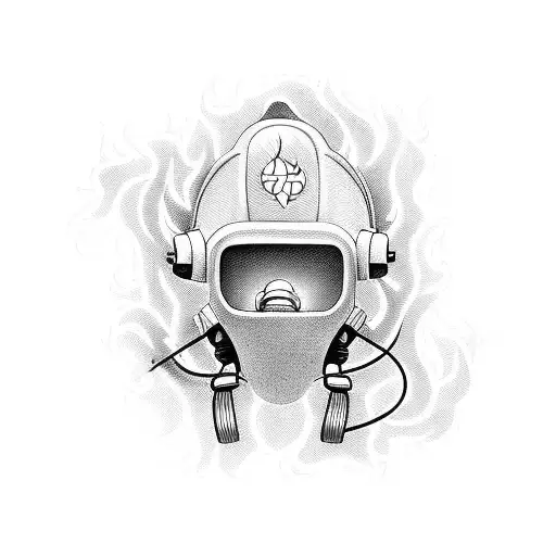 A firefighting helmet engulfed in flames tattoo design idea