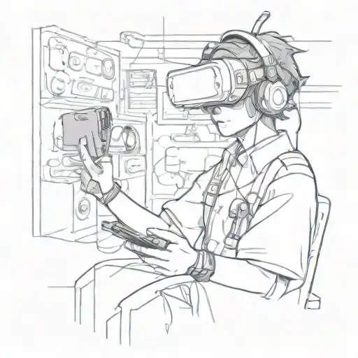 Illustrate a virtual reality world with anime characters interacting with advanced technology tattoo design idea
